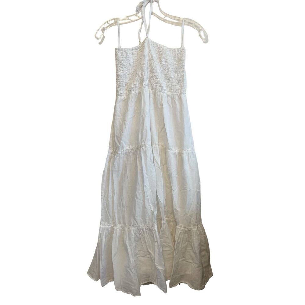 Seraphine Maternity Tube Halter Smocked Dress Size US 2 White Midi Tiered Cotton